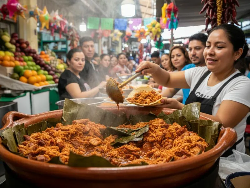 Cochinita pibil being served at a Mérida market stall — slow-cooked pork with achiote on Sunday mornings is a Yucatecan ritual