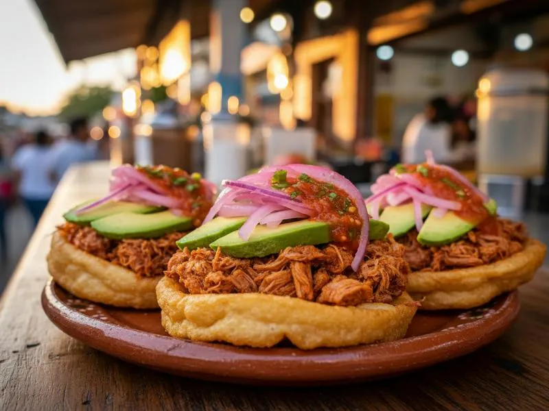 Crispy panuchos topped with cochinita pibil, pickled red onion, and avocado being served at a Merida street food stall