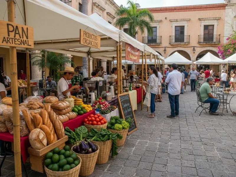 Saturday morning farmers market at Santa Ana plaza in Merida with artisan bread, organic produce, and craft vendors