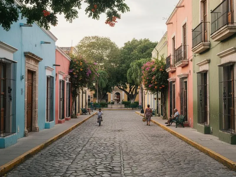 Quiet residential street in Merida's Santiago neighborhood with traditional colonial houses, a local park, and neighborhood life