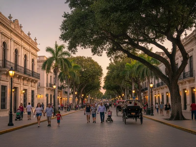 Mérida Yucatan safe city street scene with families at plaza and colonial architecture