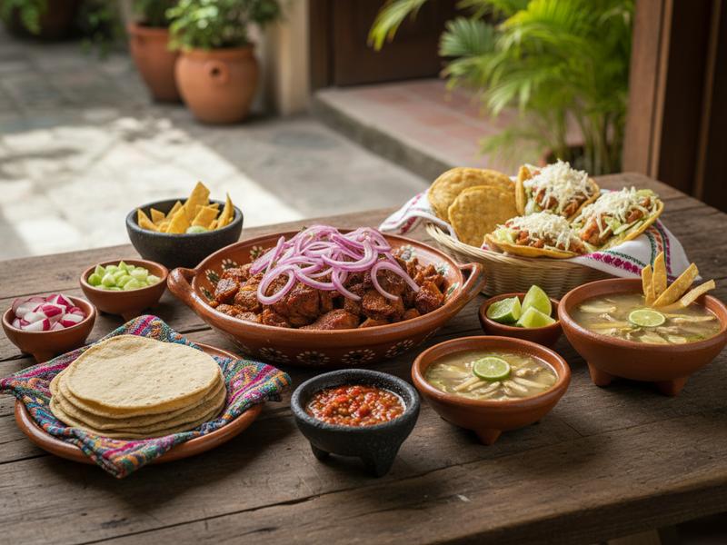 Yucatecan food — cochinita pibil, panuchos, and sopa de lima — best enjoyed in Mérida after getting from MID Airport