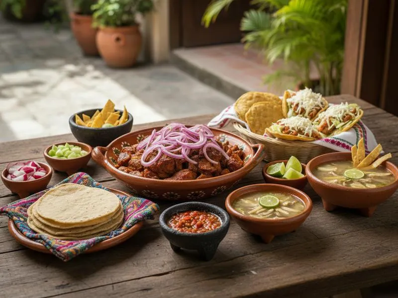 Panuchos and salbutes — Yucatecan fried tortillas topped with cochinita pibil, pickled red onion, and avocado — served on a plate