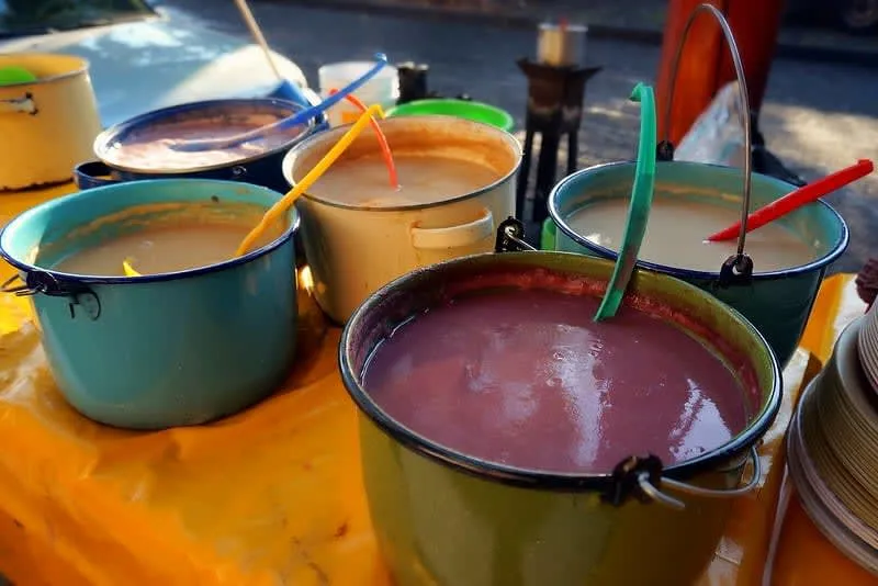 Atole warm masa drink in Mexico served in clay cups — traditional pre-Hispanic drink for Day of the Dead and Christmas