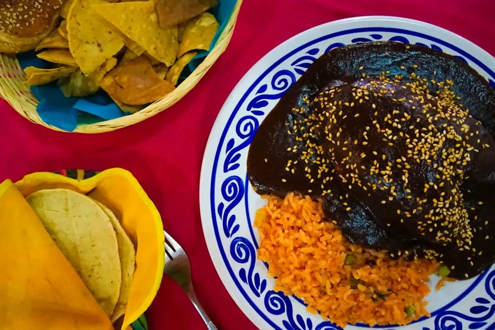 Chicken covered in dark mole sauce with sesame seeds