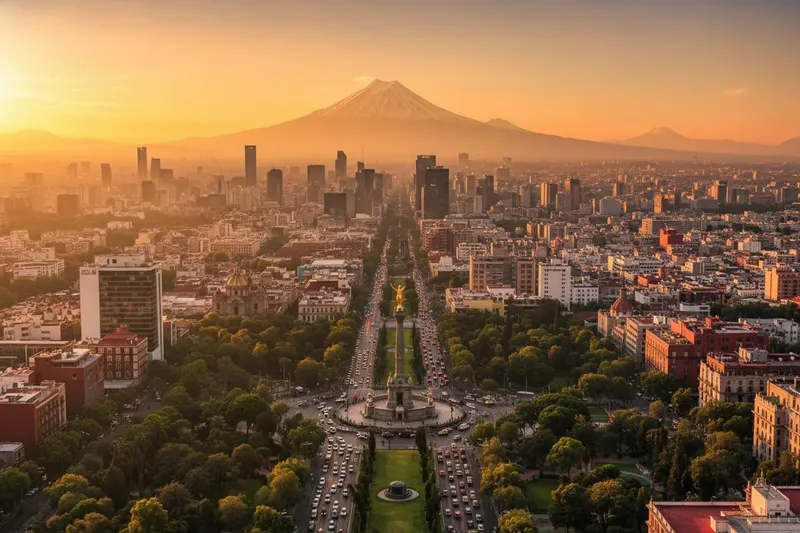 Mexico City in March with purple jacarandas and clear dry-season skies