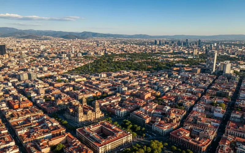 Mexico City in September with green rainy-season hills and city skyline