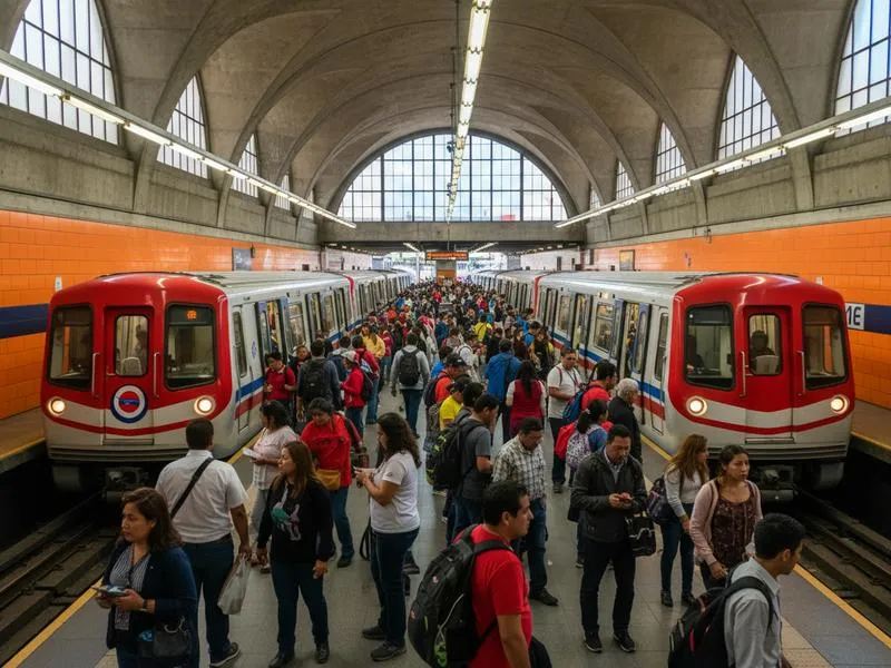 Interior of a Mexico City metro station showing the clean platform, arriving train, and passengers using one of the world's largest metro systems