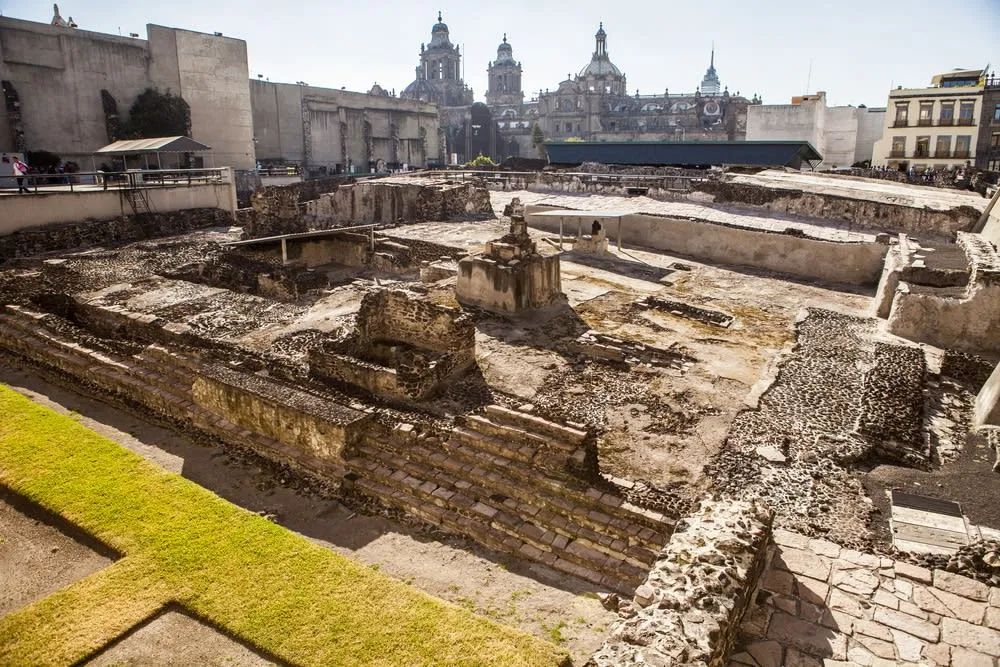 Templo Mayor Museum display with Mexica artifacts near the archaeological site