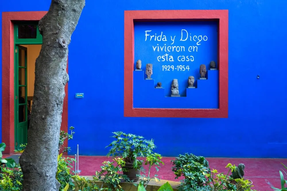 Blue courtyard and painted walls at the Frida Kahlo Museum in Coyoacan