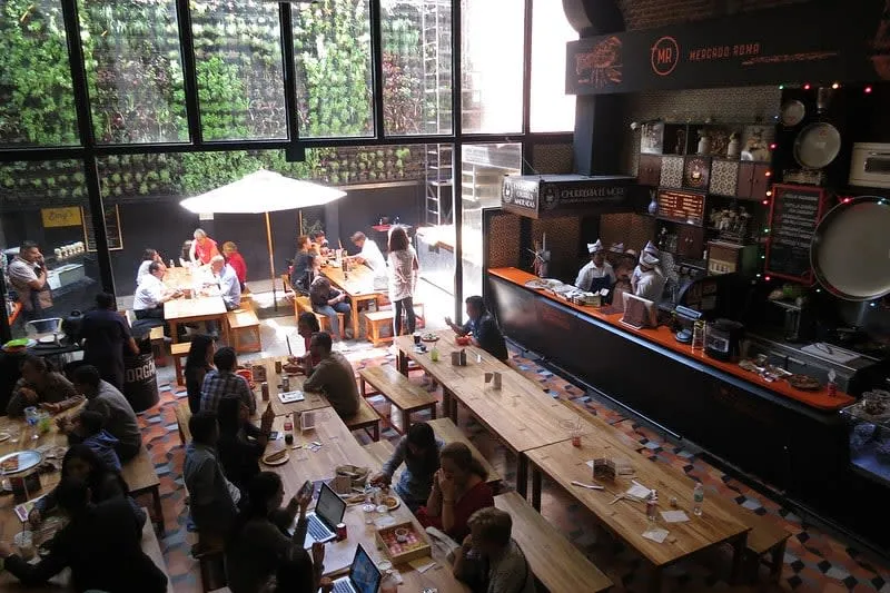 Mercado Roma dining hall with counters and hanging lights