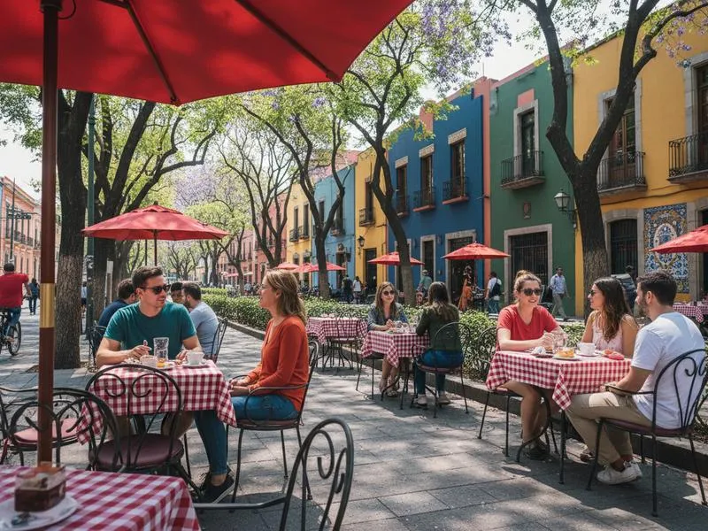 Tourists enjoying a sunny day at a sidewalk cafe in Roma Norte, Mexico City