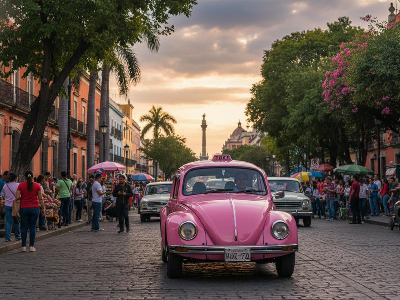 Pink authorized taxi on a Mexico City street — official airport taxis sell fixed-price tickets inside the arrivals terminal, not outside