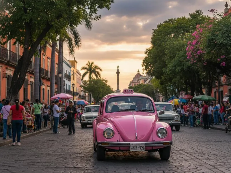 Pink and white authorized Mexico City taxi on a busy street with passengers and colonial buildings in background
