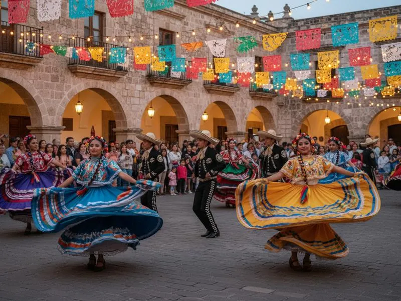Mexican street festival celebration with colorful decorations and traditional attire