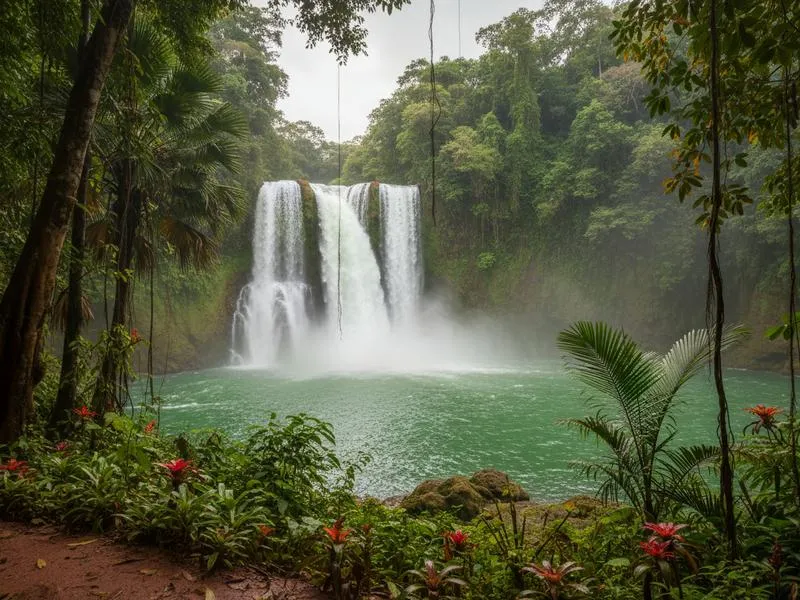 Powerful waterfall in the Mexican highlands during rainy season with lush green vegetation