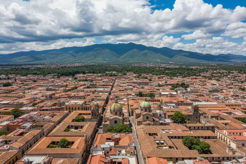 Vibrant green colonial city of Oaxaca in summer with dramatic cloud formations above the Sierra Norte mountains