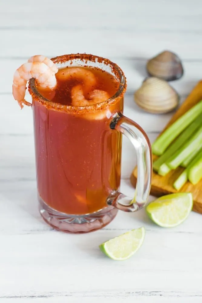 Marinera michelada topped with shrimp and chili seasoning