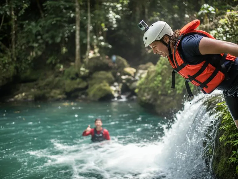 Traveler jumping from a small waterfall ledge into a turquoise river pool