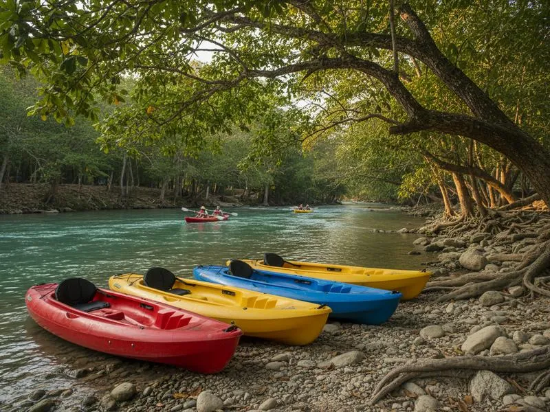 Colorful kayaks lined up along a green riverbank in Huasteca Potosina