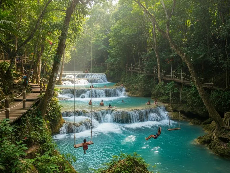 Series of turquoise pools connected by low limestone waterfalls in Huasteca Potosina