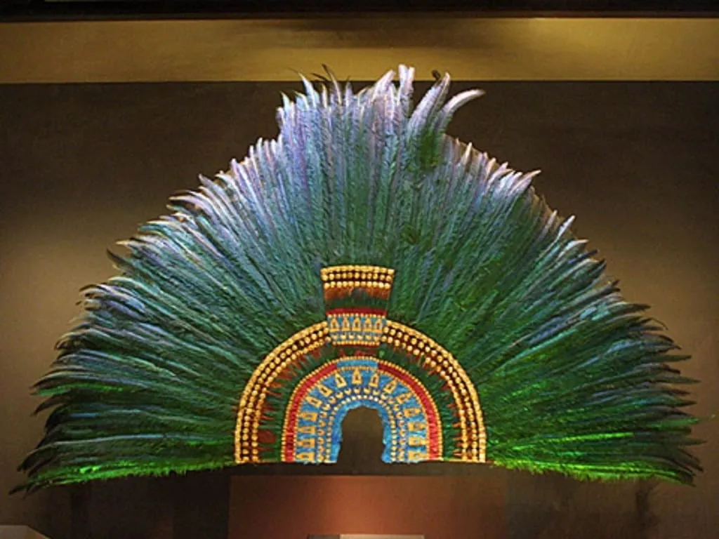 Illustration of Moctezuma’s feathered headdress tied to Aztec royal history