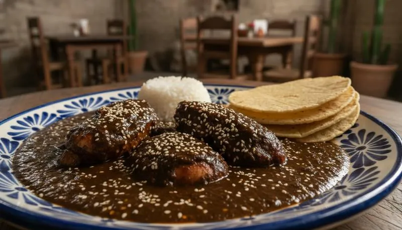 Mole poblano sauce over chicken with sesame seeds at a traditional Puebla restaurant