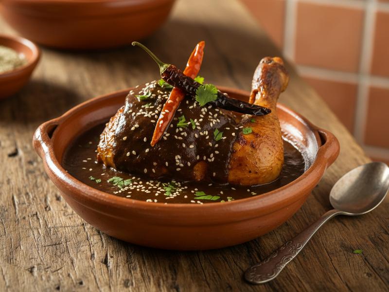 Mole poblano — the complex, chile-based sauce invented in Puebla, best experienced at a local market restaurant