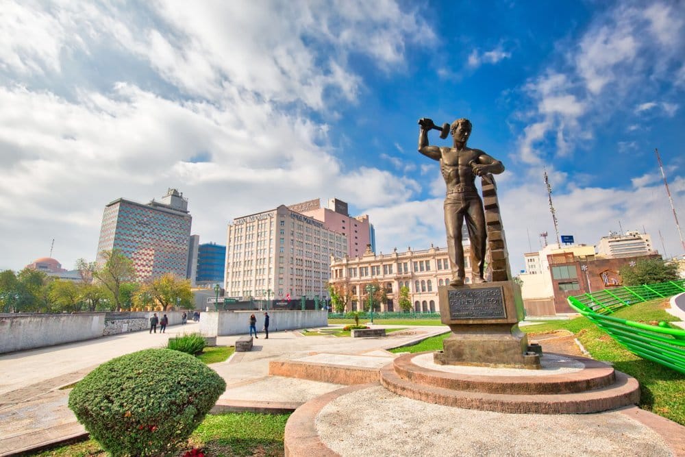 Macroplaza and Faro del Comercio in Monterrey — the city's grand central plaza, accessible from the city's main bus terminal