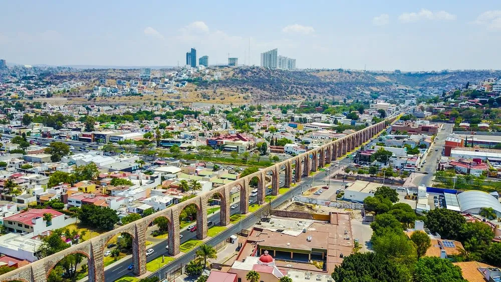 Queretaro aqueduct arches crossing the colonial cityscape