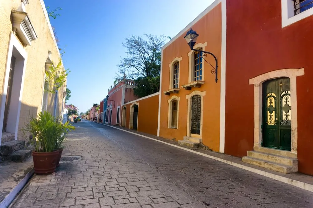 Valladolid Yucatan church and colorful colonial street near the main plaza