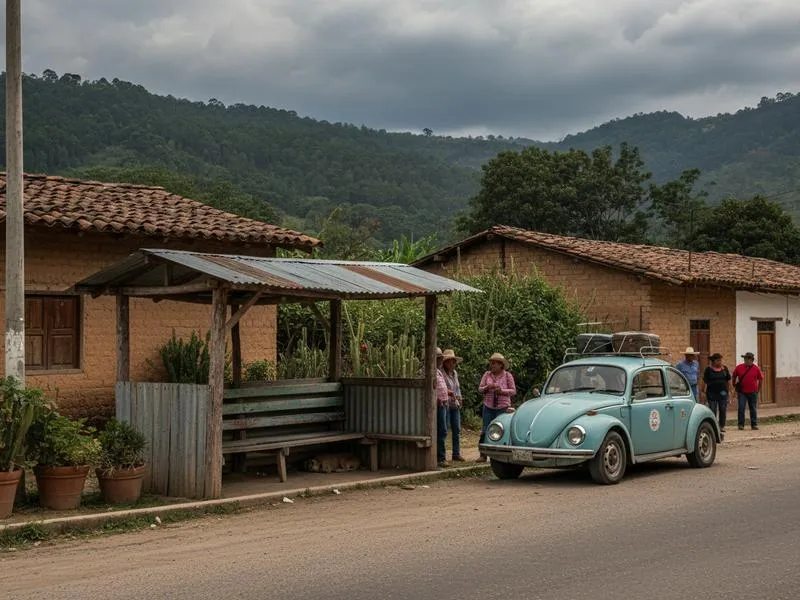 Small bus and taxi transfer setup near Nanacamilpa Tlaxcala
