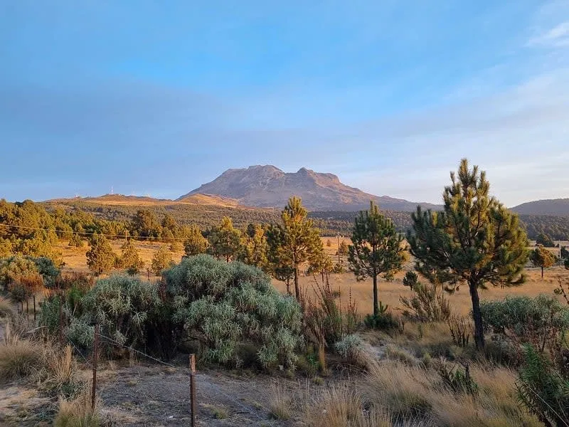 Popocatepetl and Iztaccihuatl volcanoes above central Mexico highlands.