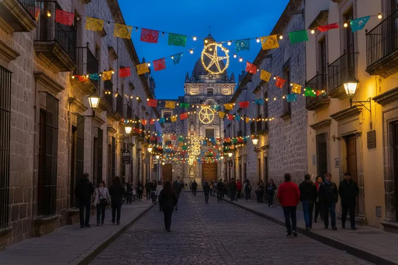 Oaxaca in December with colonial streets, Christmas lights, and crisp dry-season weather