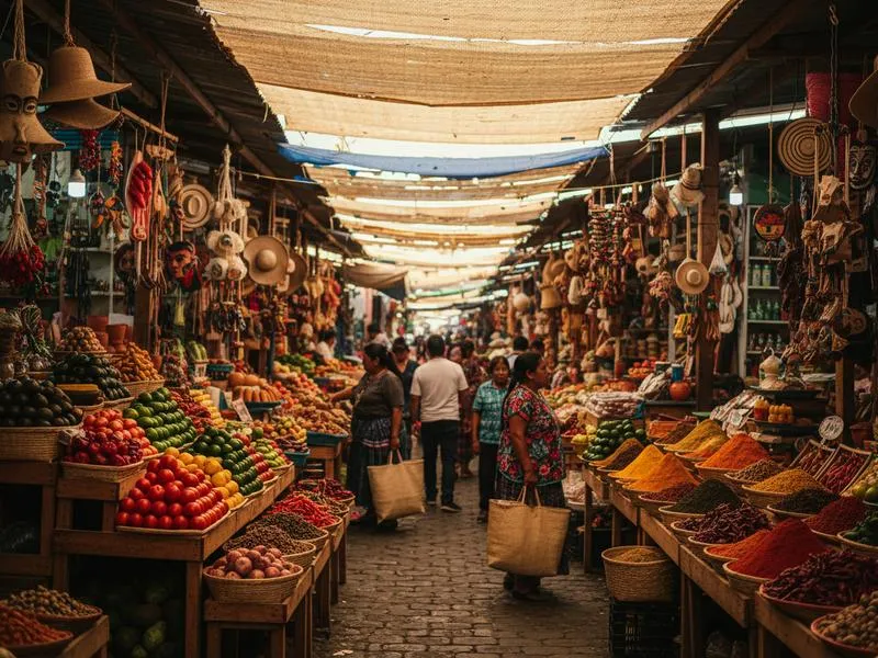 Oaxaca City market food stall with tlayudas, mezcal, and colorful mole powders