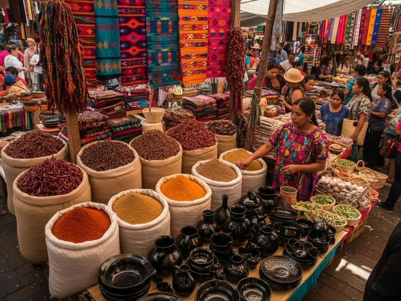 Oaxaca market stalls with food, crafts, and December holiday shopping