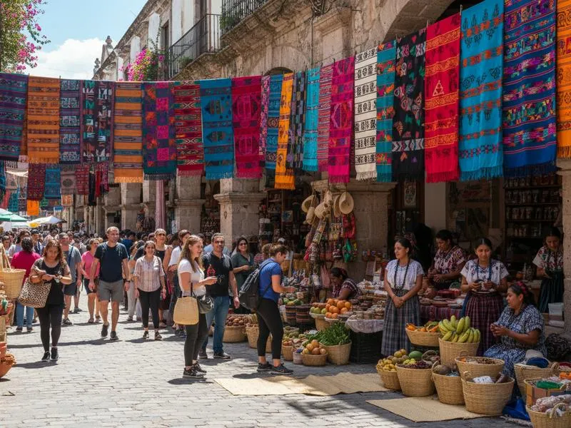 Vibrant street scene in Oaxaca City with colorful buildings, local markets, and tourists shopping