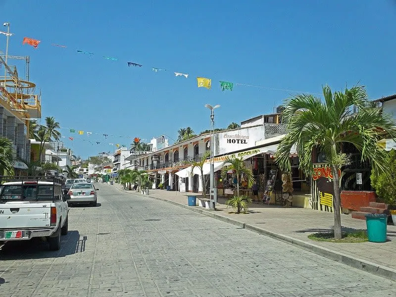 El Adoquín pedestrian street in Puerto Escondido with restaurants and shops near the beach