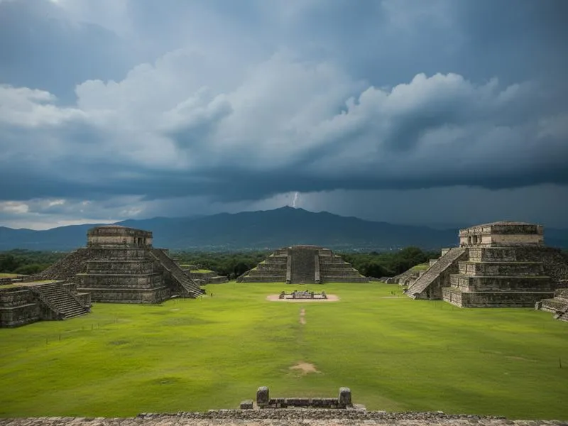 Monte Alban archaeological site in Oaxaca with dramatic summer thunderclouds building over the ancient pyramids