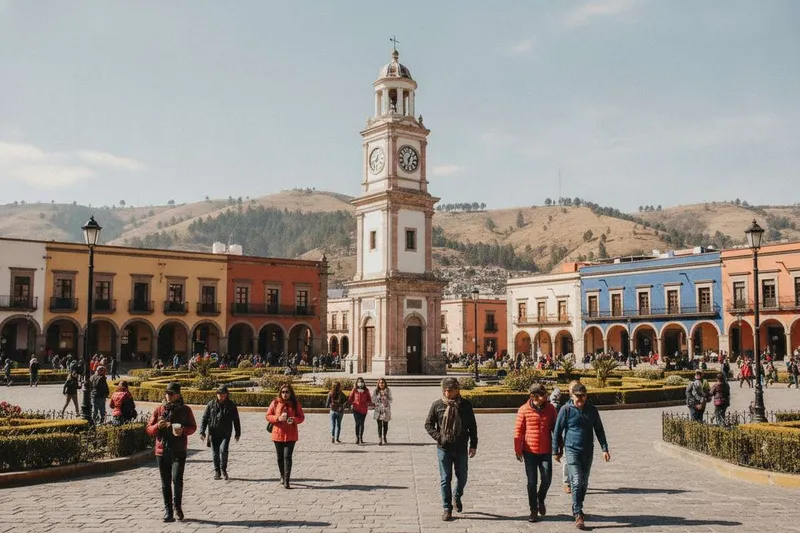 Pachuca clock tower and central plaza during clear January weather in Hidalgo