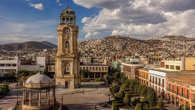 Pachuca clock tower and central plaza during clear May weather in Hidalgo