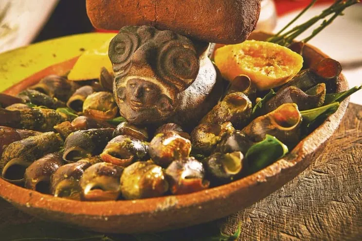 Traditional Chiapas food in Palenque — shote con momo dish made with river snails, corn dough, and hierba santa leaves