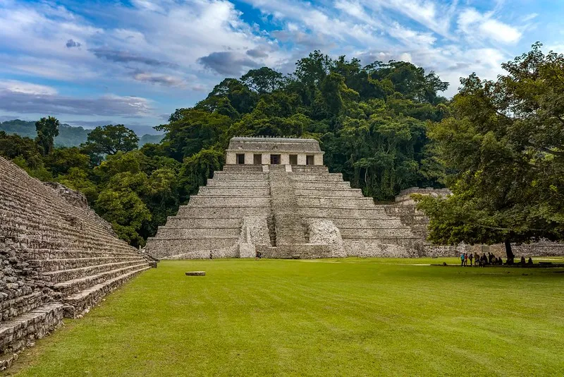 Temple of the Inscriptions at Palenque Maya archaeological zone in Chiapas jungle