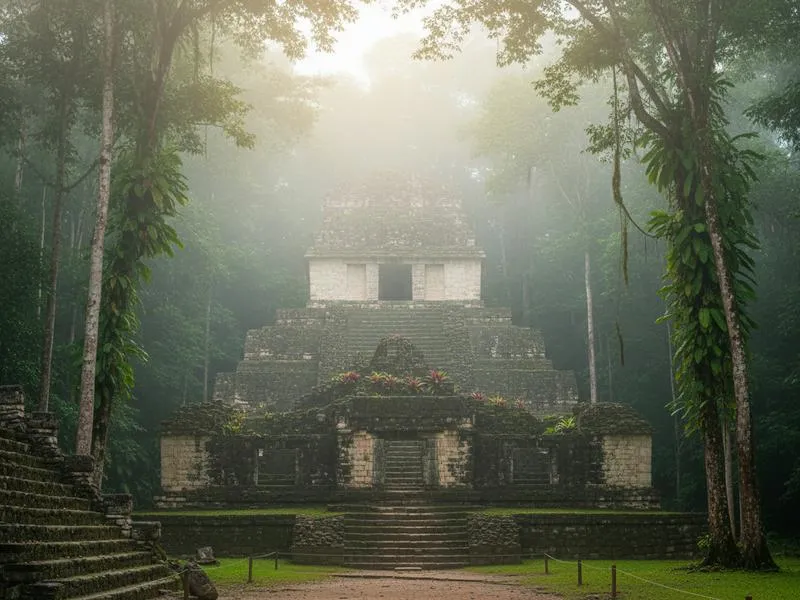 Palenque Maya ruins in Chiapas — the Temple of the Inscriptions with its towering staircase and jungle backdrop