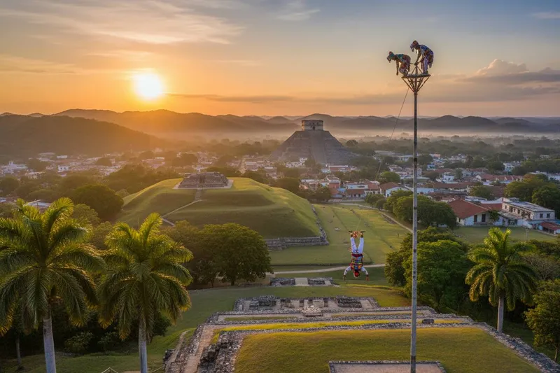 Colorful Papantla hillside buildings and church towers under soft Veracruz clouds