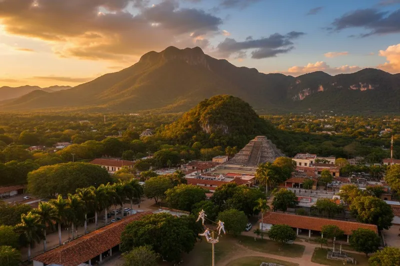Papantla plaza and Voladores pole under humid September skies