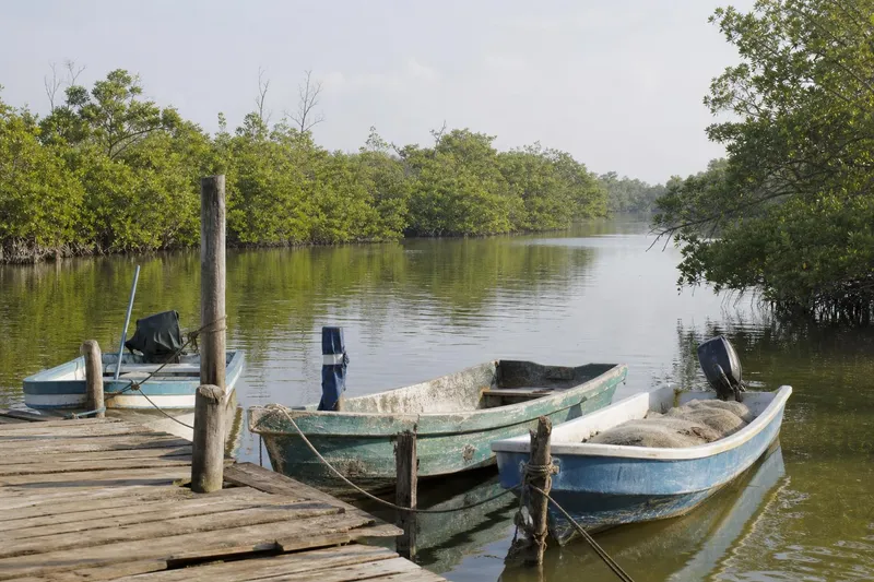 Small fishing boats on Mecoacán Lagoon near Paraíso, Tabasco during a clear January morning