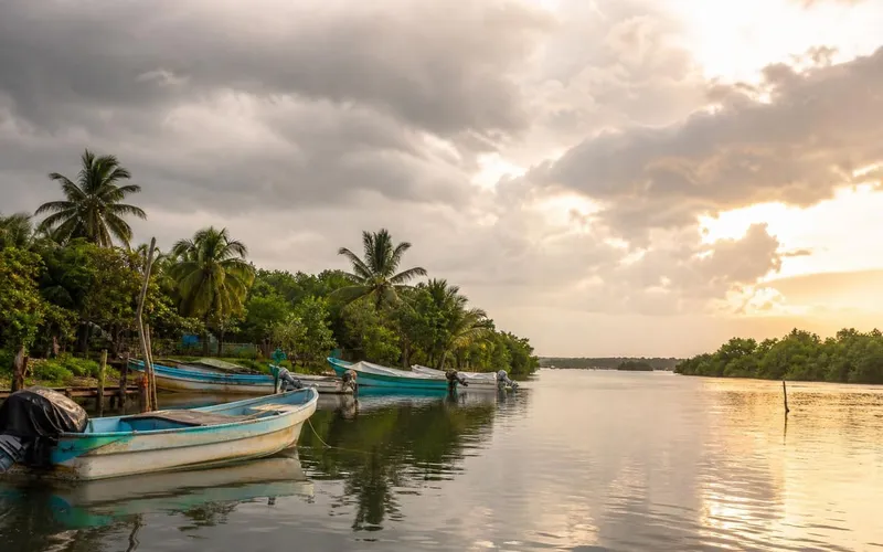 Fishing boats near Paraíso, Tabasco after July rain beside green Mecoacán Lagoon mangroves