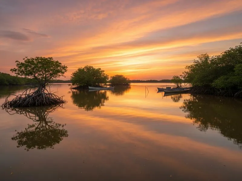 Late afternoon light over Mecoacán Lagoon with fishing boats near the Paraíso coast