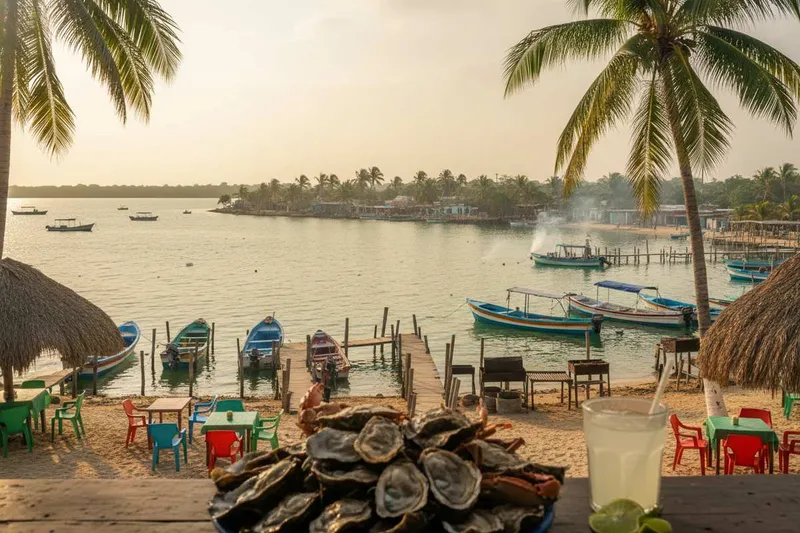Fishing boats and palm-lined waterfront near Paraíso on Tabasco's humid Gulf Coast